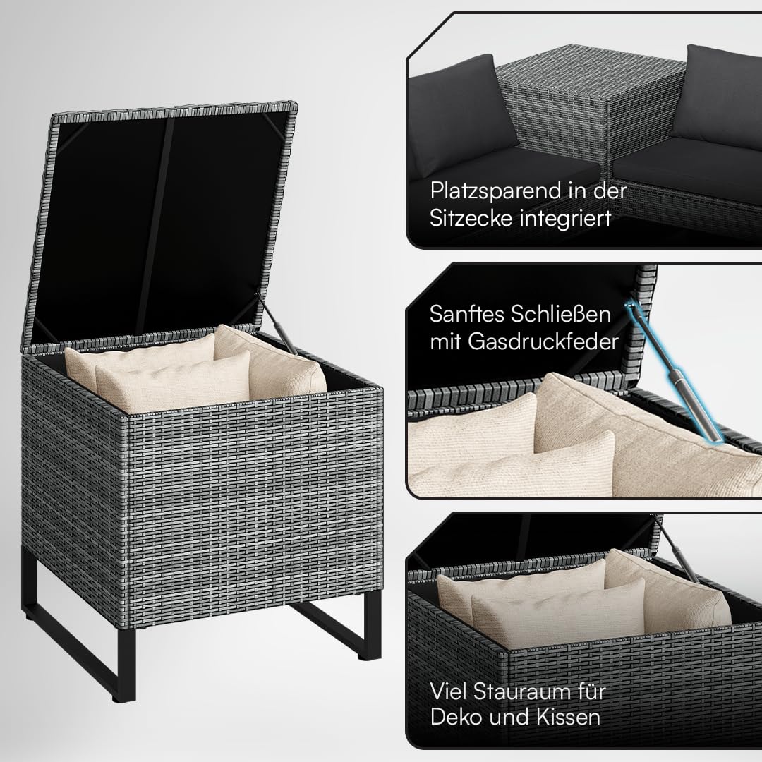 STEELSØN Alniyat Rattan Gartenmöbel Set 4-TLG. – Gartenlounge mit Bänken, Tisch & Auflagenbox – Sitzgruppe Outdoor grau/anthrazit Garten/Balkon/Terasse – Sitzgarnitur Set Metallgestell wetterfest