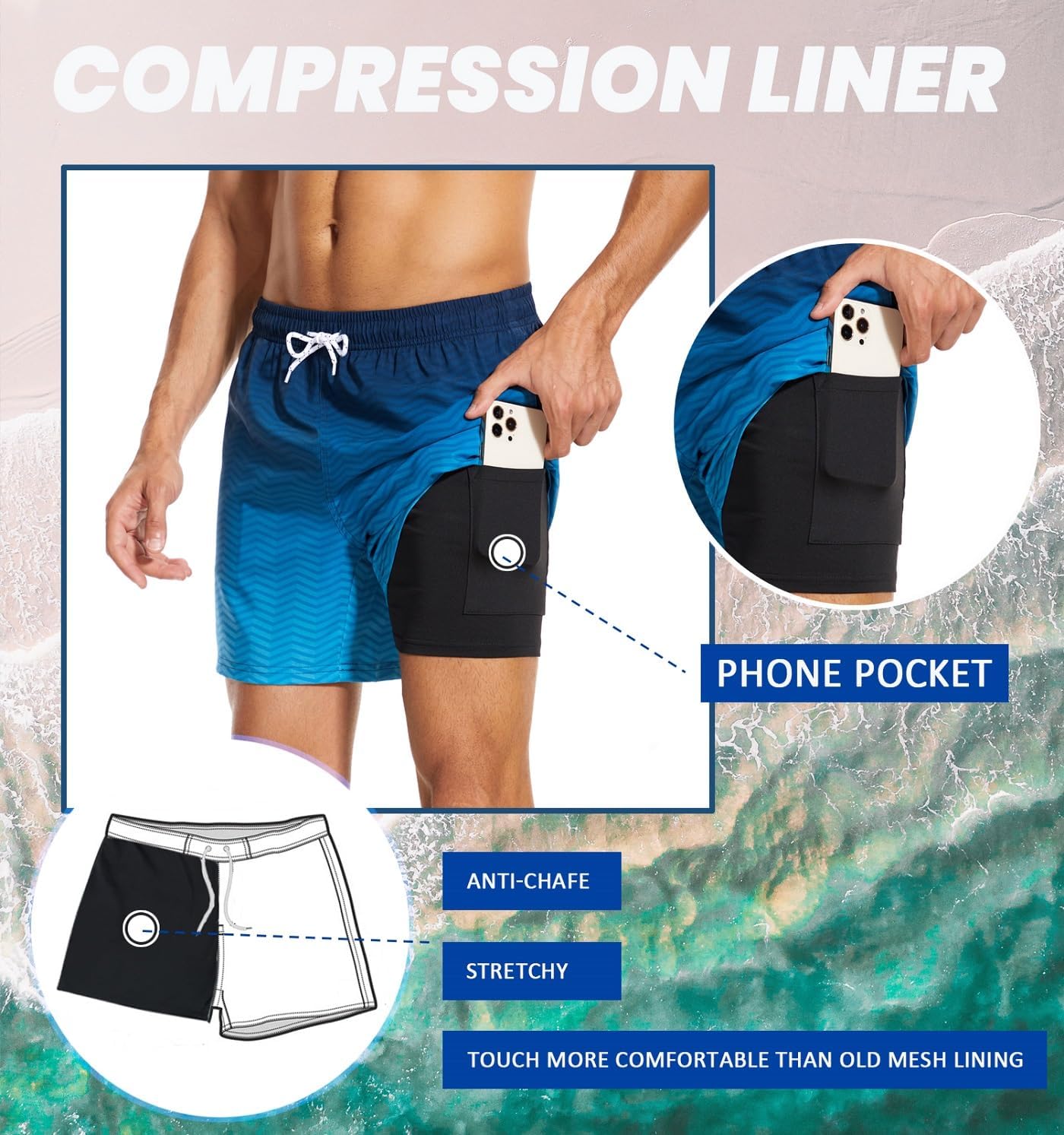 Aueyan Mens Swim Trunks 5.5 inch with Compression Liner Zipper Pockets,Quick Dry Swimsuit Trunks Funny Beach Board Shorts - Image 4