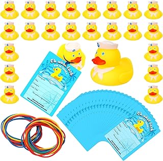 Libima 75 Pcs Duck Tag Cruise Kits Includes 25 Pcs Small Rubber Sailing Ducks for Cruise Ships 25 Pcs Ducks Tags and 25 Pcs Rubber Bands for Cruising Hiding Carnival Party Ducking Games Decor Supplies