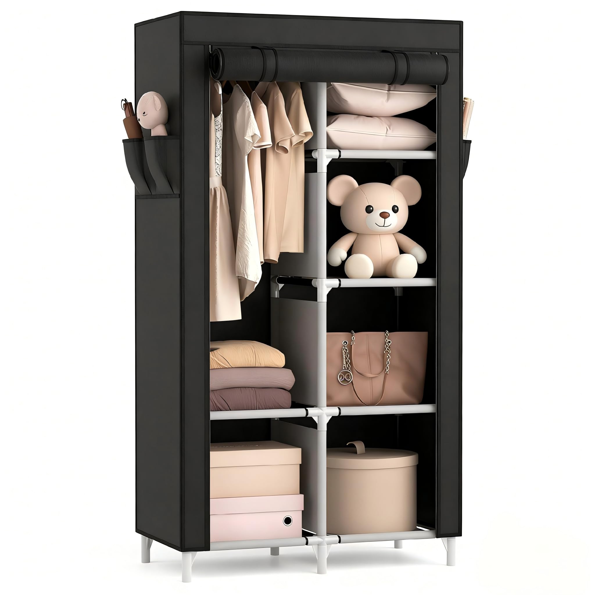 ROJASOP Portable Closet Wardrobe Closet for Hanging Clothes with 6 Storage Shelves, 1 Hanging Rod and 4 Pockets, Free Standing Closet Clothes Organizer for Bedroom, Sturdy and Easy Assemble