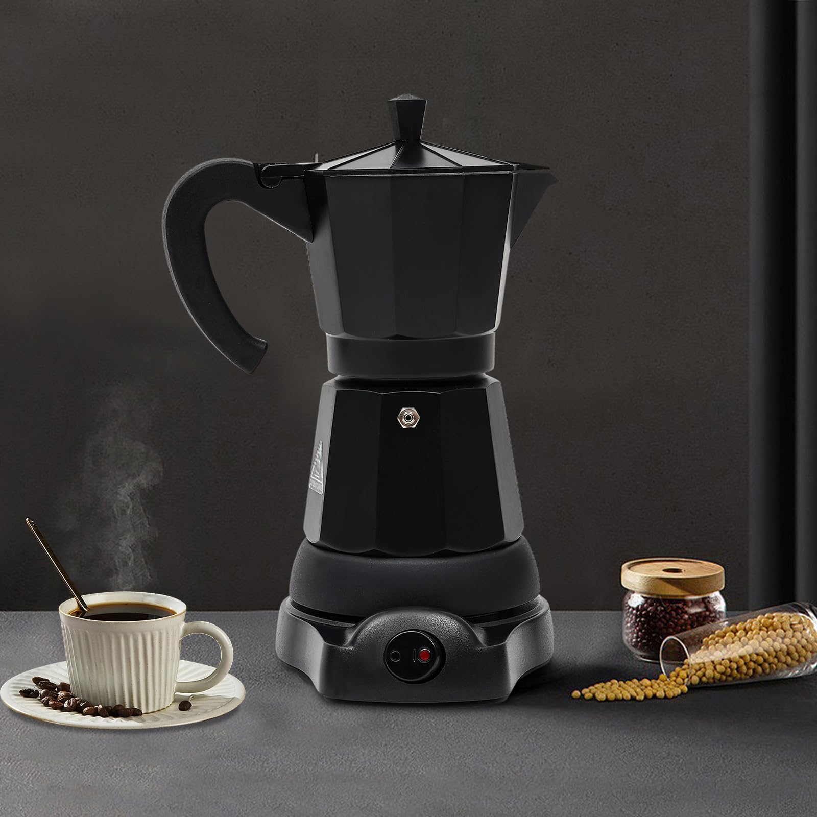 Cafetera eléctrica de 300 ml, cafetera espresso de 6 tazas con válvula de seguridad, cafetera, jarra para el hogar, oficina, camping, color negro