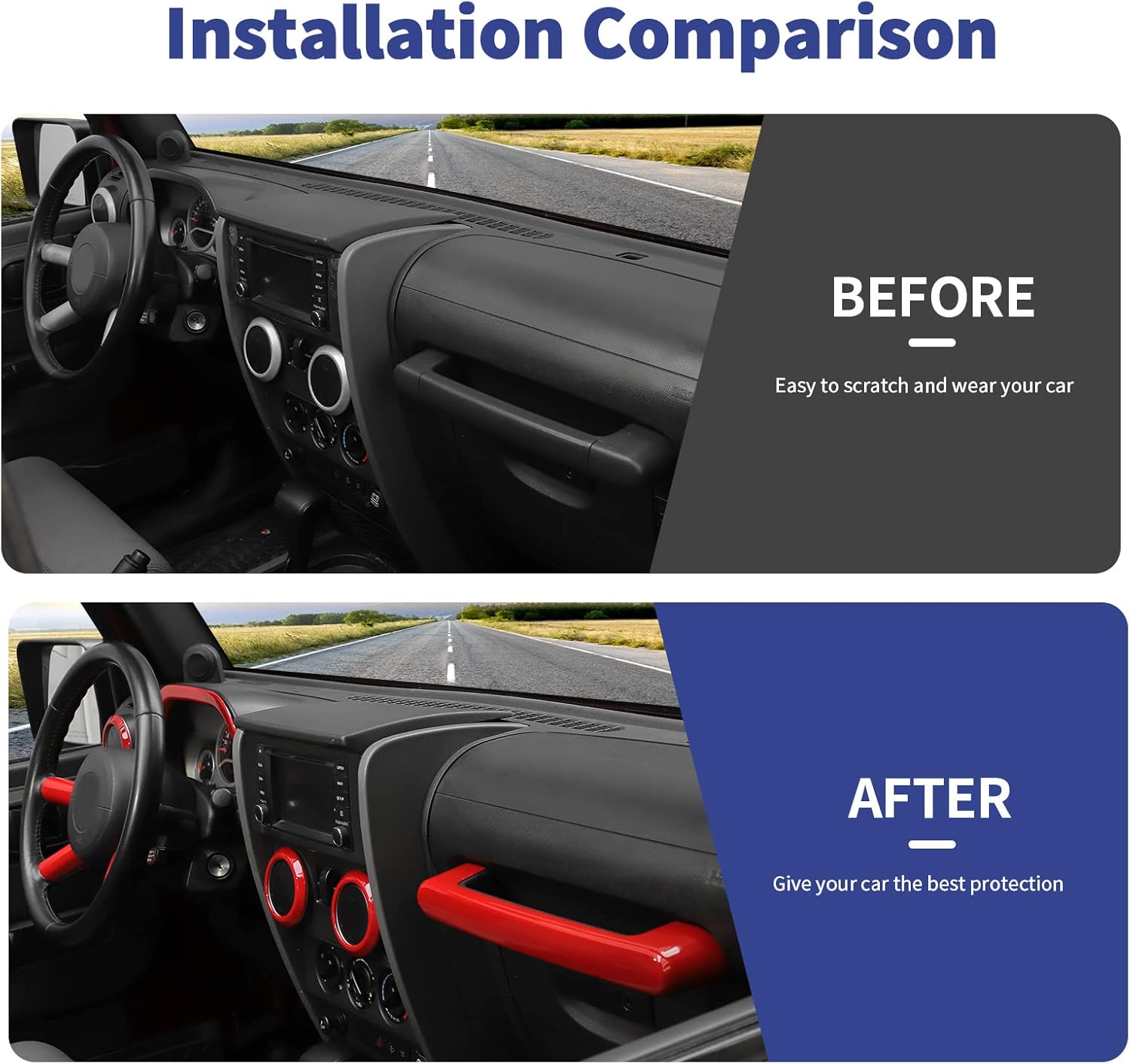 10PCS Full Set Interior Trim Kit Compatible with 2007-2010 Jeep Wrangler JK JKU,Co-Pilot Grab Handle Dashboard Frame Bezel Side Outlet Cover Trim (Red)