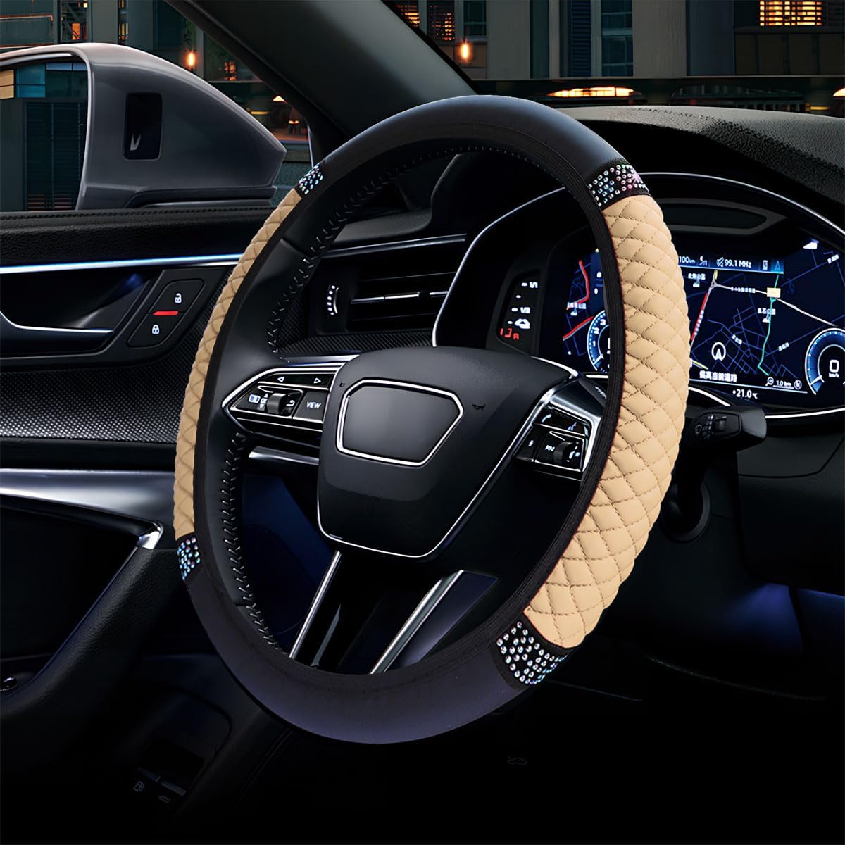 Bling Soft Leather Steering Wheel Cover, 15" Anti-Slip Sparkly Crystal Auto Elastic Steering Wheel Protector for Women Girl, Colorful Diamond Car Interior Accessory for Most Cars (Beige) thumbnail