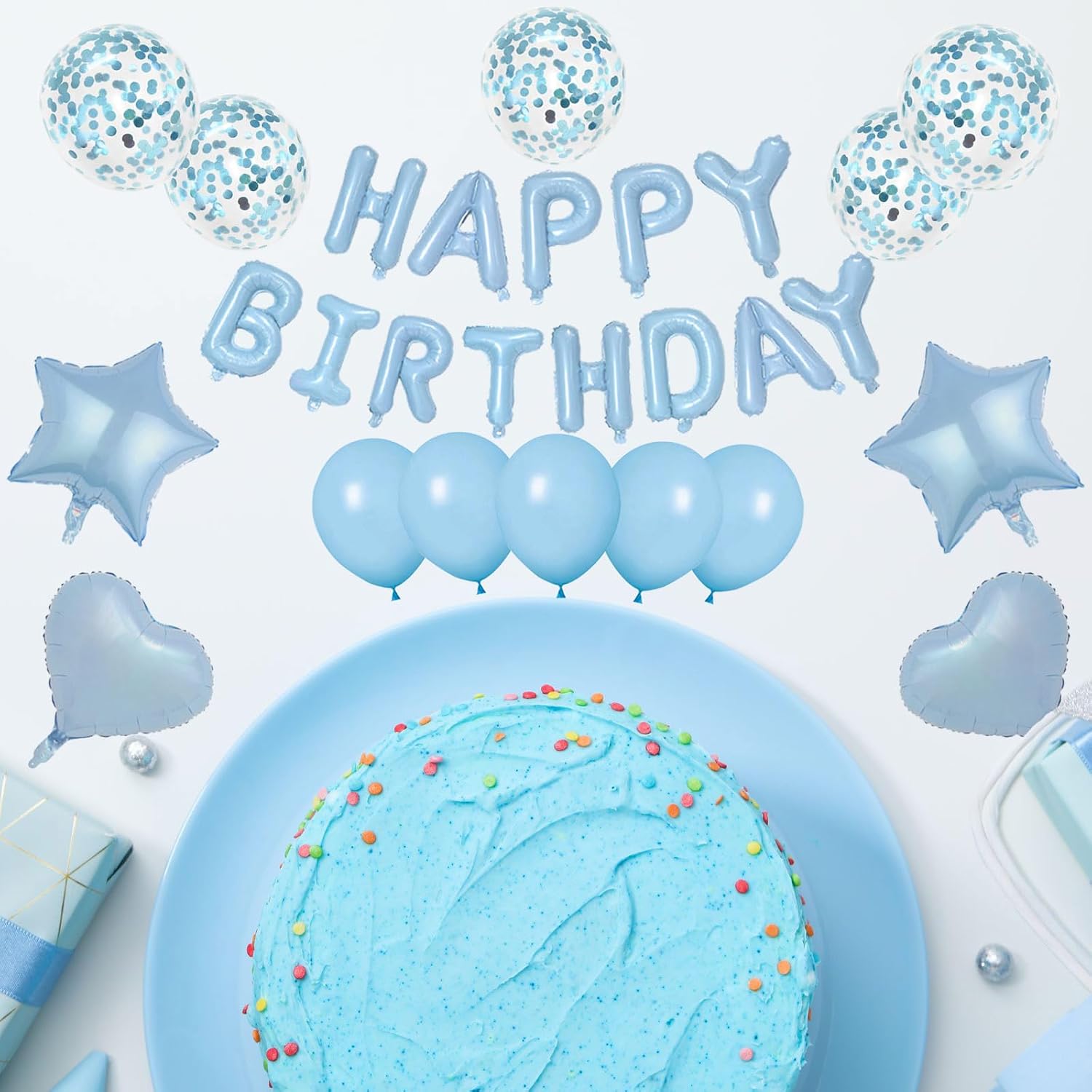 27 Pcs Light Blue Birthday Decorations, 3D Letters Light Blue Happy Birthday Balloon Banner, Pentagram Heart Foil Balloons Confetti Balloons Kit For Boys Girls Birthday Party Supplies image 5