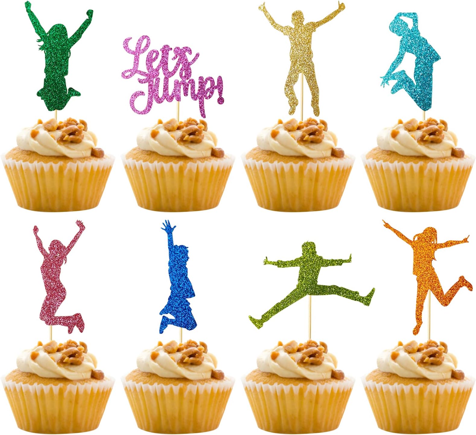 24Pcs Let's Jump Themed Cupcake Toppers Cake Picks for Bounce House Trampoline or Jumping Birthday Wedding Party Decorations Favors Supplies