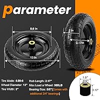 Vista 2 de Ruedas planas de repuesto de 13 pulgadas para neumáticos de carrito de jardín GOR, neumáticos sólidos 4.00-6 con rodamientos de 5/8 pulgadas, ruedas