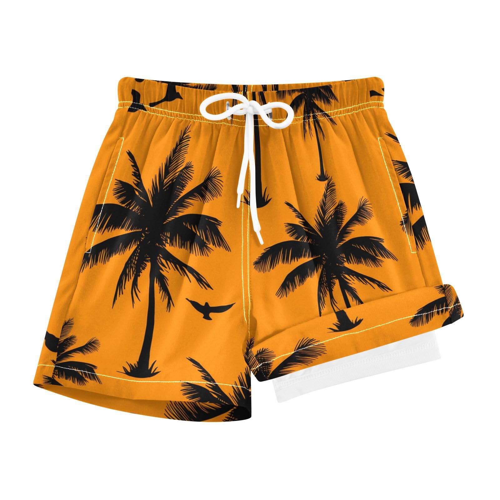 YANENDIE Boy Swim Trunks with Compression Liner Black Palms Orange Boys Swim Shorts Quick Dry Beach Shorts