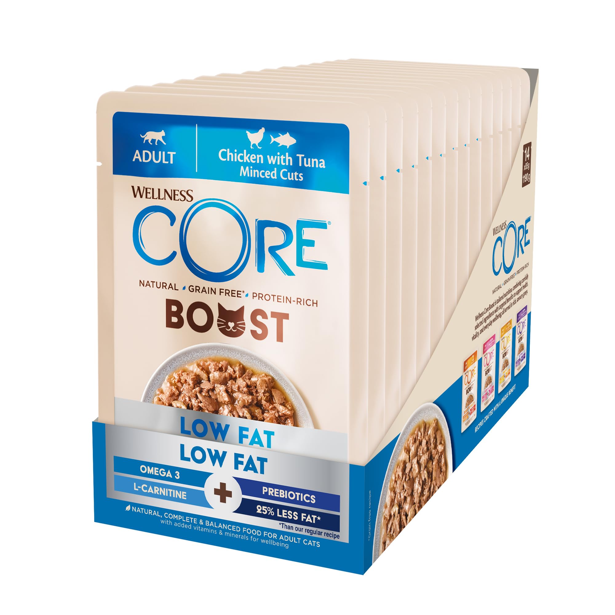 Wellness CORE Boost Low Fat 14 x 85g, Chicken & Tuna – Wet Cat Food, Minced Cuts, Grain-Free, Natural, Hypoallergenic, Protein-Rich, High Meat Content, Supports Healthy Weight Management