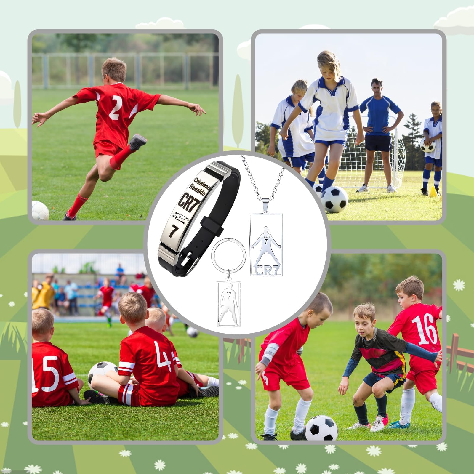 Juego de accesorios de fútbol 3 piezas CR7, pulsera, collar y llavero, elegante y sencillo