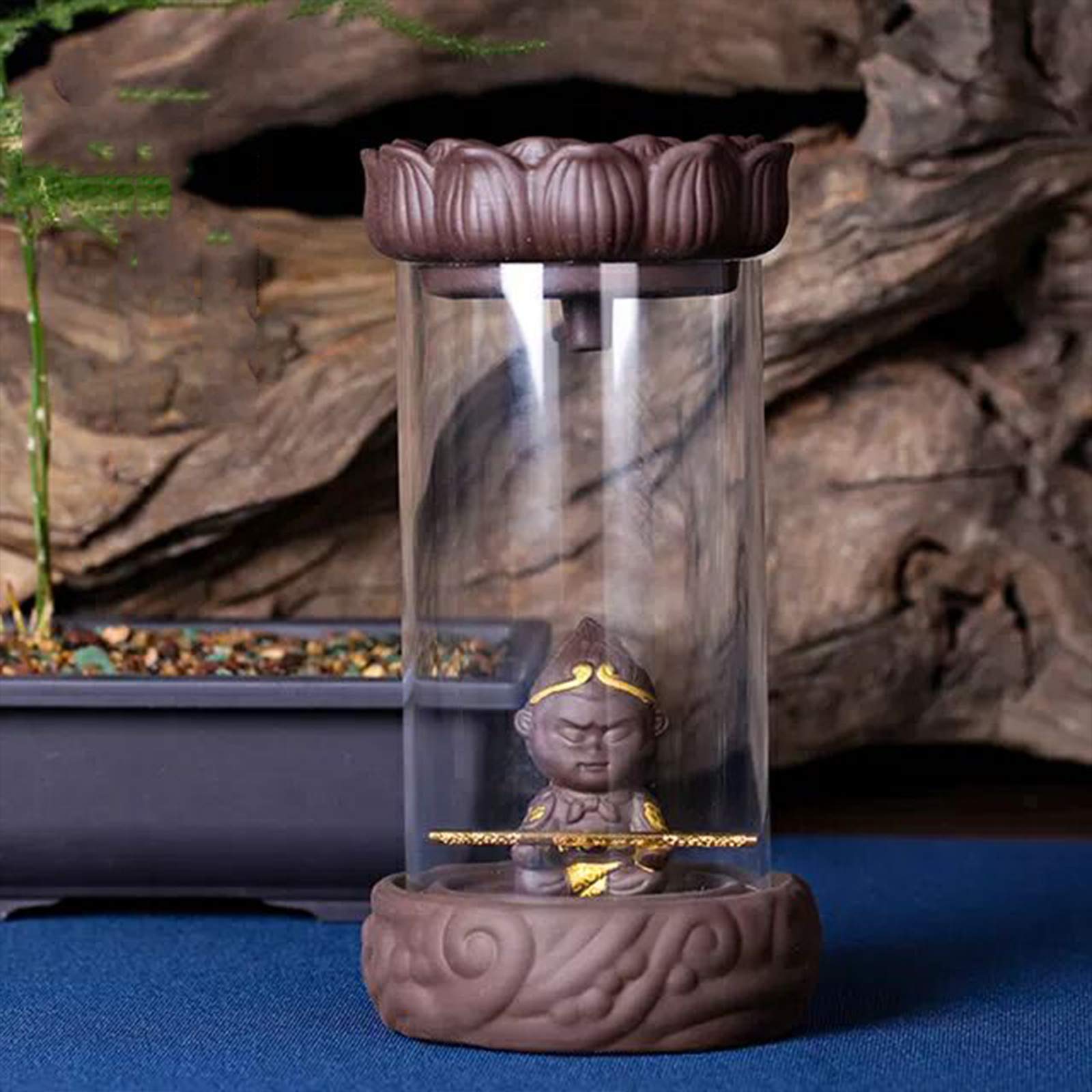 N/C Ceramic Backflow Incense Holder w/Acrylic Hood, Monkey King Creative Home Ornamental Sandalwood Waterfall Incense Burner Cone Censer Exquisite Figurine Aromatherapy with 20 Incense Stick (Gold)