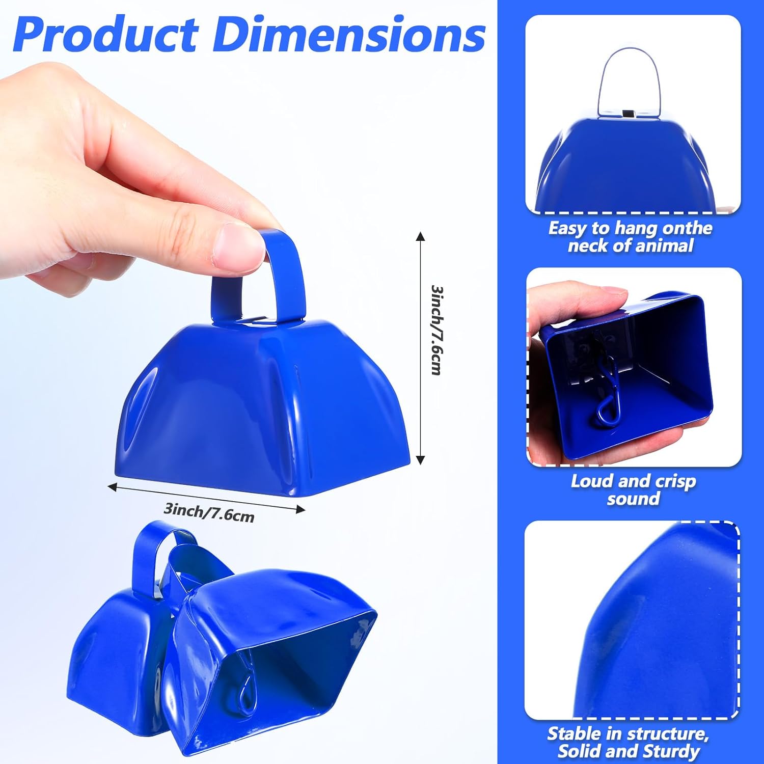 24 Pcs Metal Cowbell with Handle Cow Bells Noise Makers for Sporting Events Small Loud Noisemaker Cow Bell for Wedding Cheering Football Games, (3 x 2.8 x 2.5,blue)