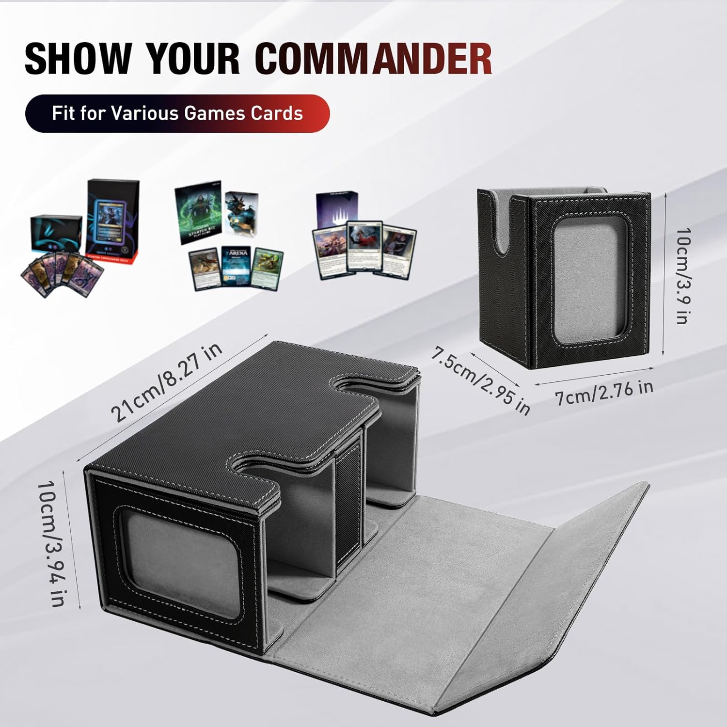TiMOVO MTG Deck Box, Commander Deck Case Fits 200+ Double-Sleeved Cards, Magnetic Leather Card Storage Box with 2 Commander Display & 4Dividers & Dice Tray Fit YuGiOh TCG CCG Magic Cards, Black+Gray