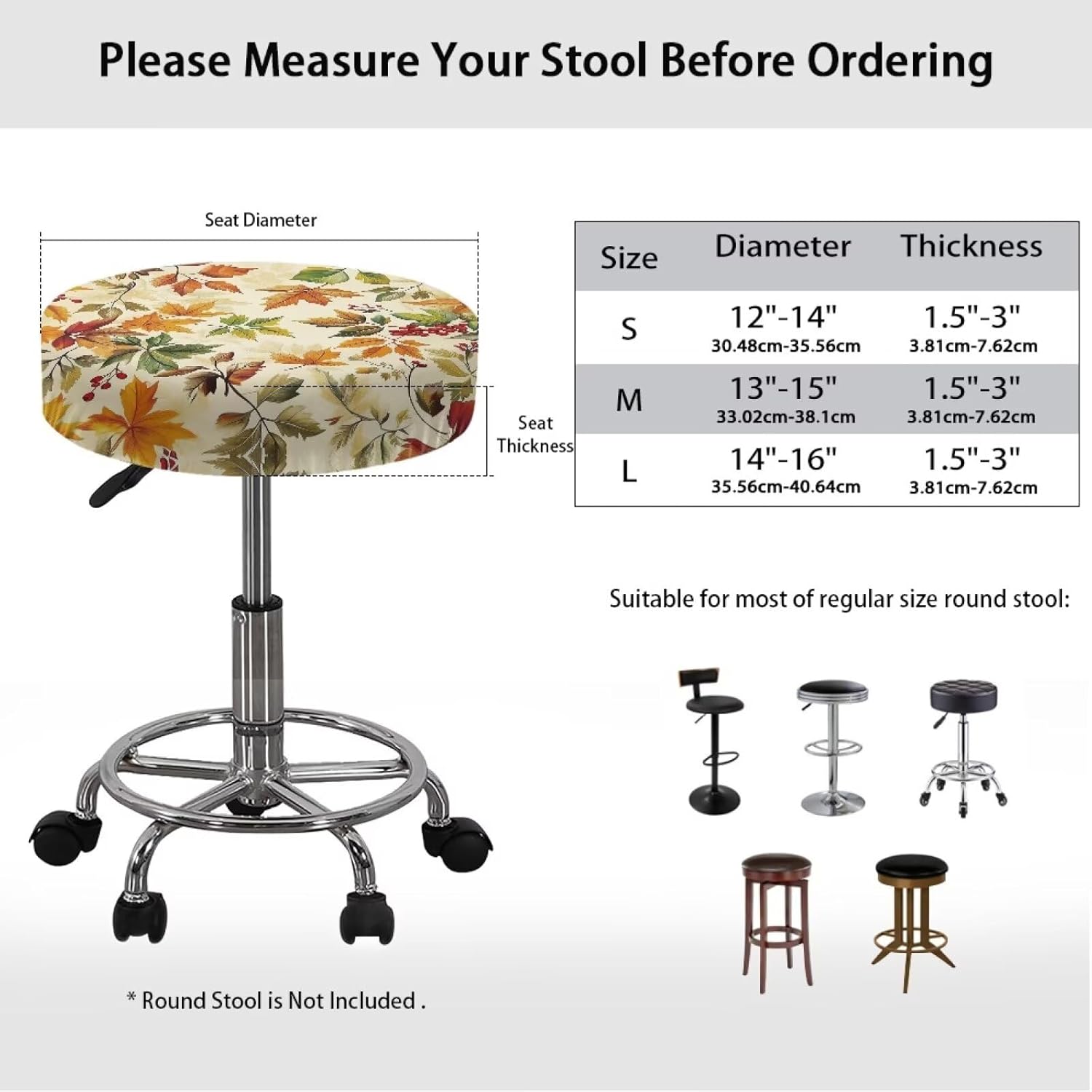 Kuiaobaty Vintage Maple Leaf Stool Covers 8 Pieces Bar Stool Slipcover with Elastic Washable Round Seat Covers for 12-14 Inch Dining Chairs Fall Decorations