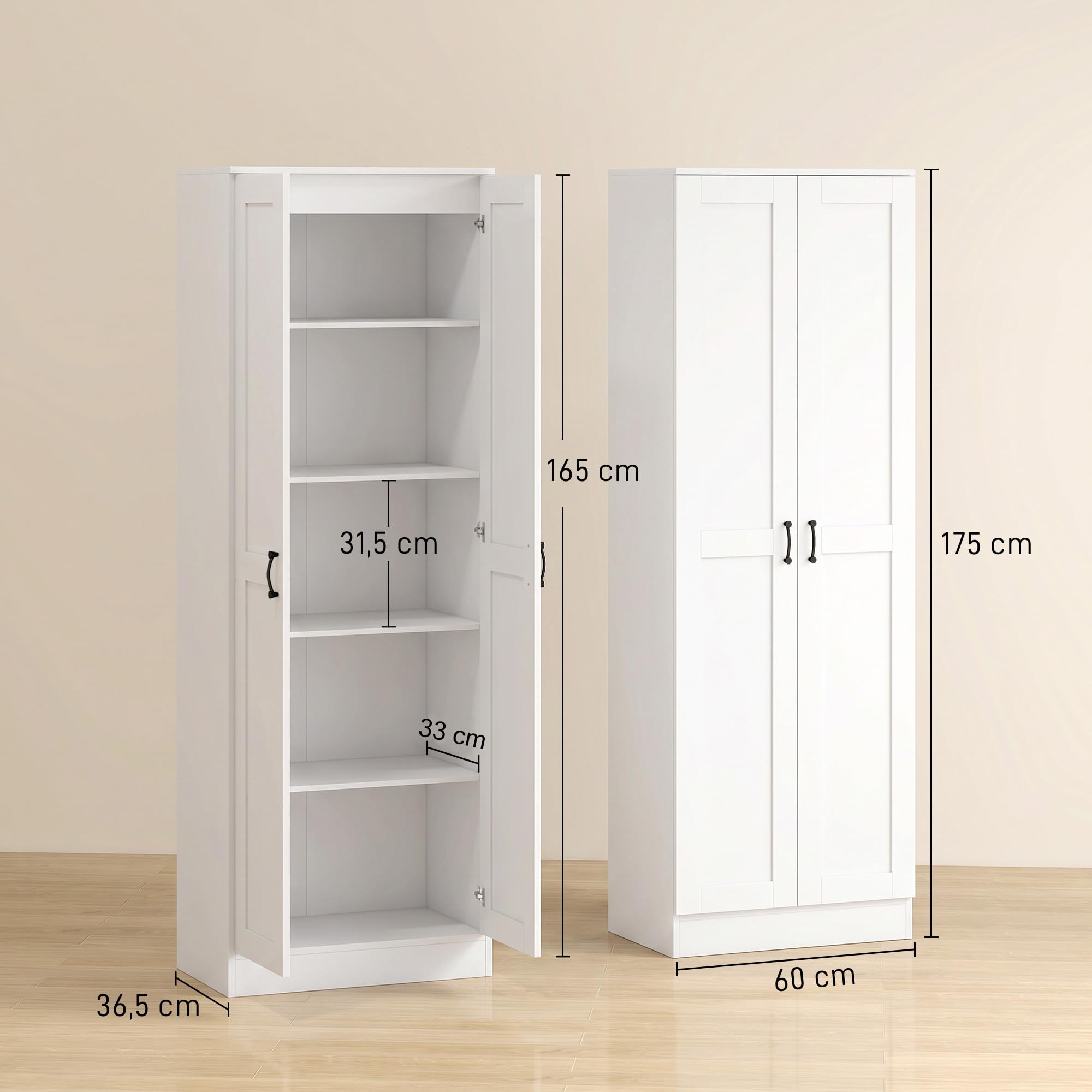 HOMCOM Küchenschrank 175 cm Vorratsschrank mit Soft-Close-Türen Weiß
