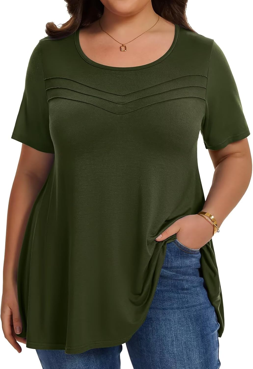 LARACE Summer Plus Size Tops for Women Round Neck Short Sleeve Women's Tunic Loose Fit Pleated T-Shirts Blouse Clothes - Image 6