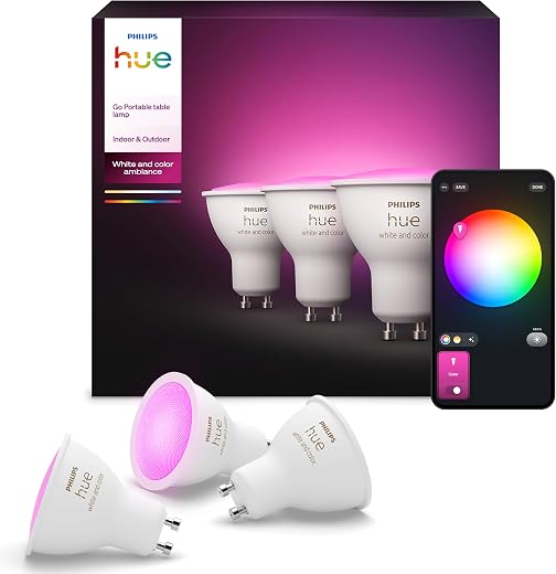 🔥 Philips Hue – Smart LED Bulb, GU10, White and Coloured Light, 4.2W 400 Lumens, Compatible with Alexa and Google Home – Pack of 3 Smart LED Bulbs