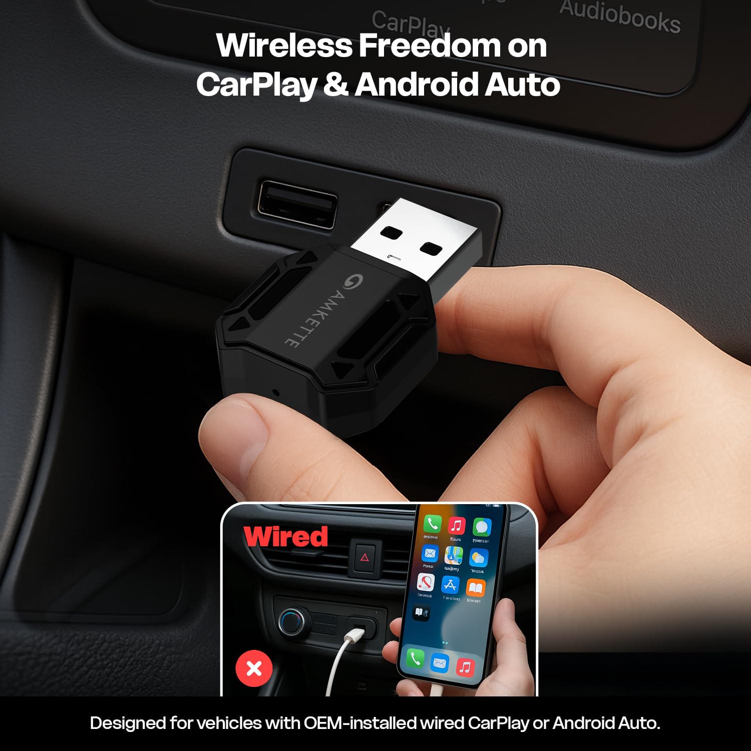 Amkette Drive S1 2 in 1 wireless carplay adapter & android auto wireless adapter | WiFi 6 Low-Latency | BT5.4 Fast Pairing | Converts Wired to Wireless | USB-A & USB-C | Supports OEM Steering Controls — Amazon image 2