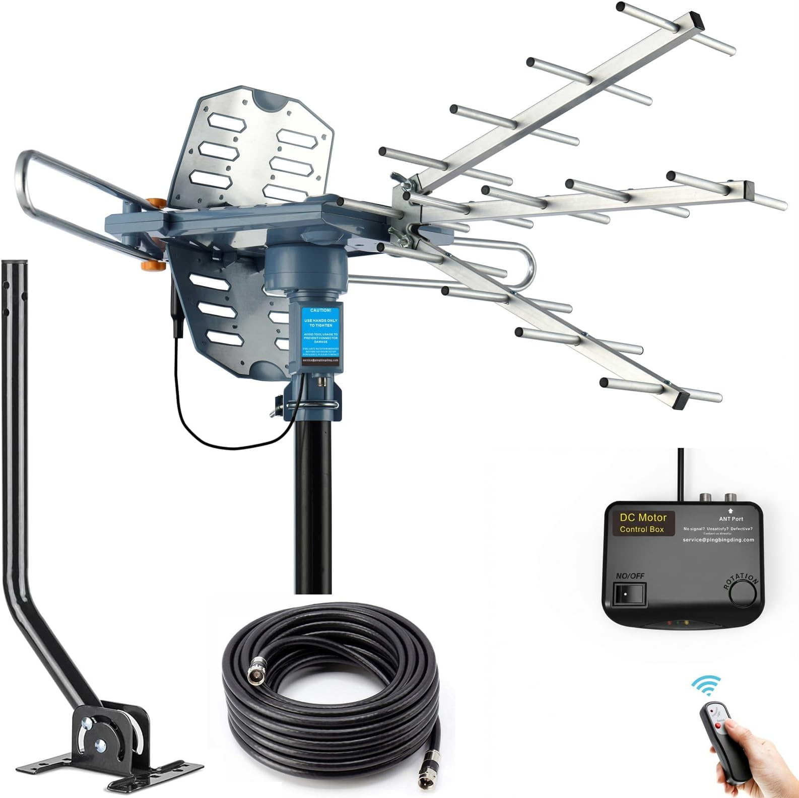 PBD Digital Outdoor TV Antenna, 150 Miles Range, 360° Rotating Directional Motor with Remote Control, Dual TV Support, Mounting Pole, 40FT RG6 Cable, UHF/VHF Reception