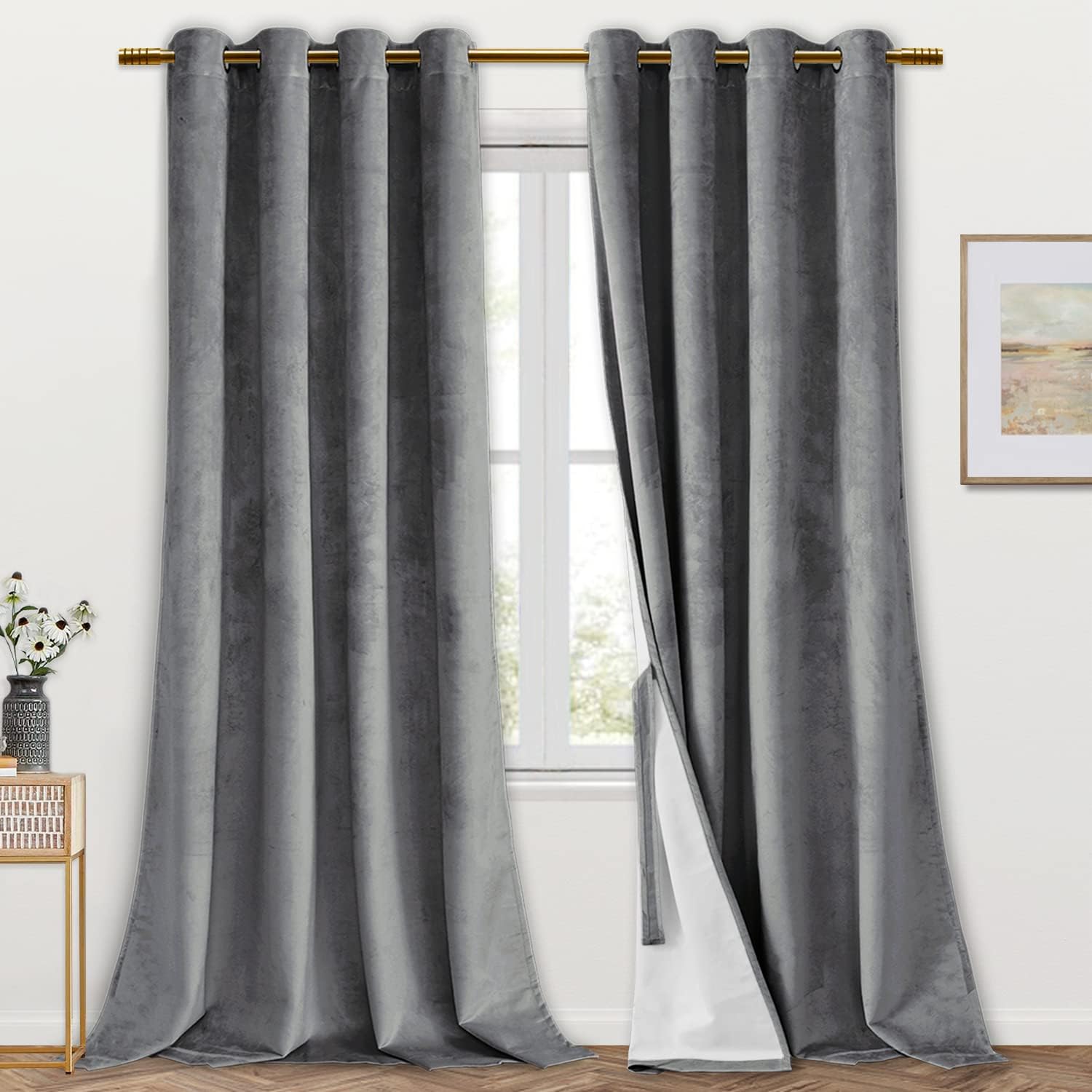 Hiasan 100% Blackout Grey Velvet Curtains for Bedroom with Tieback - Double Layer Full Room Darkening Thermal Insulated Grommet Curtain for Living Room, 52 x 120 Inches Long, Set of 2 Panels