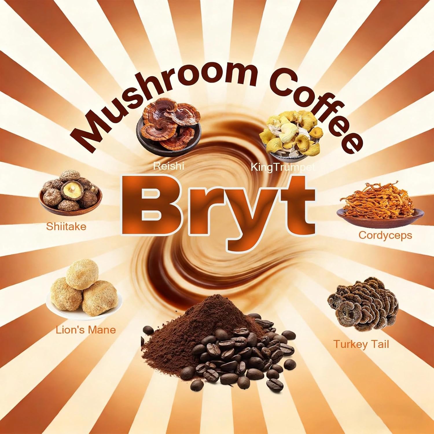 Bryt Mushroom Coffee with 6 Adaptogenic Mushrooms + Collagen – Steady Energy, Focus & Immunity Support, 6.35 oz(1pcs)