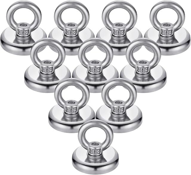 Grtard 10 Pack Magnetic Hooks, 40 lbs Pulling Force Magnet Hooks Heavy Duty, Rare Earth Magnet Hooks with Countersunk Hole Eyebolt, Magnet with Hook for Workplace, Kitchen, Garage, Office - Dia 25 mm