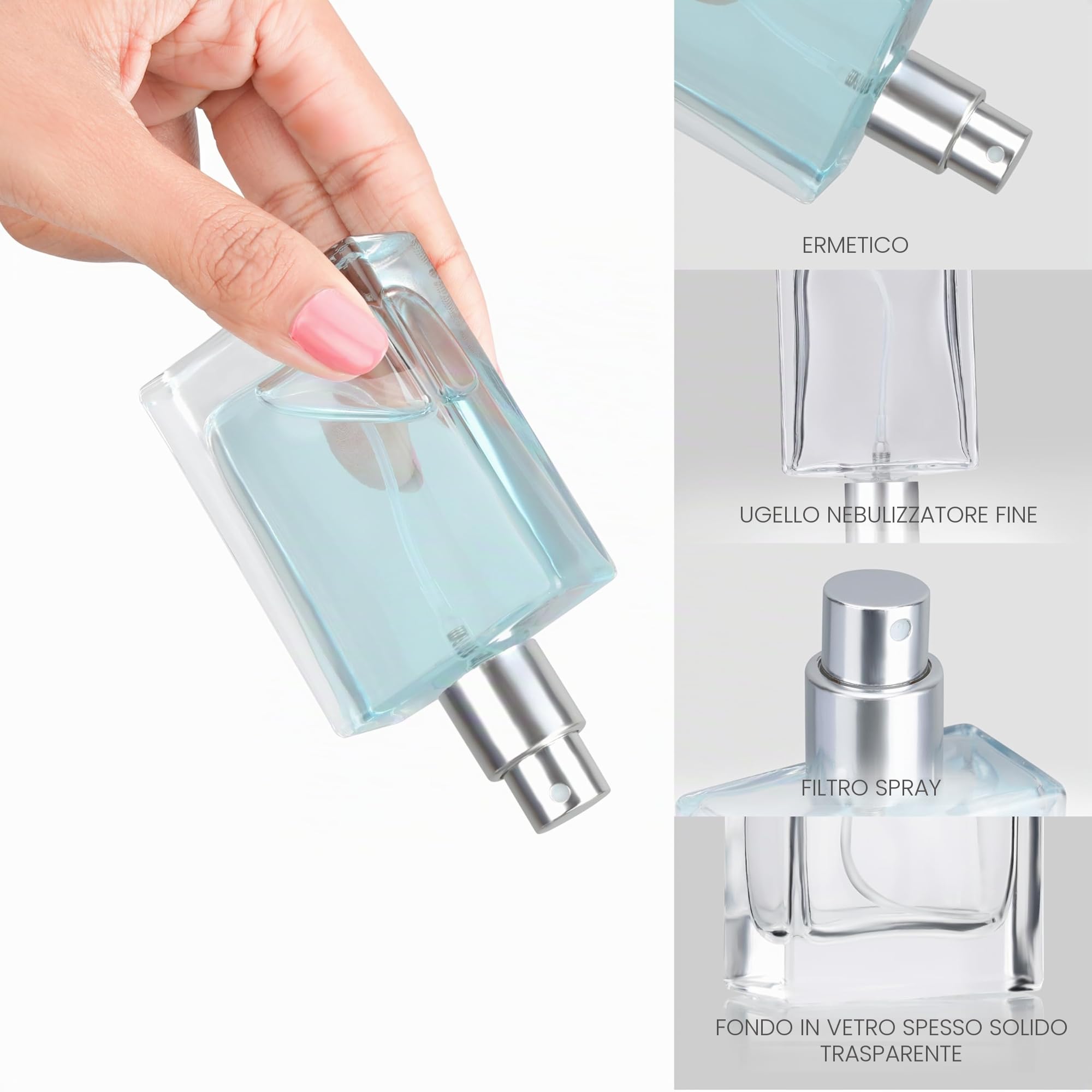 Belle Vous Flaconcini Vuoti per Liquidi 30 ml in Vetro Trasparente Riutilizzabili (Set da 8) - Boccette Profumi Vuoti Quadrate con Pompa Nebulizzatore Profumo - Per Viaggi, Oli Essenziali e Dopobarba