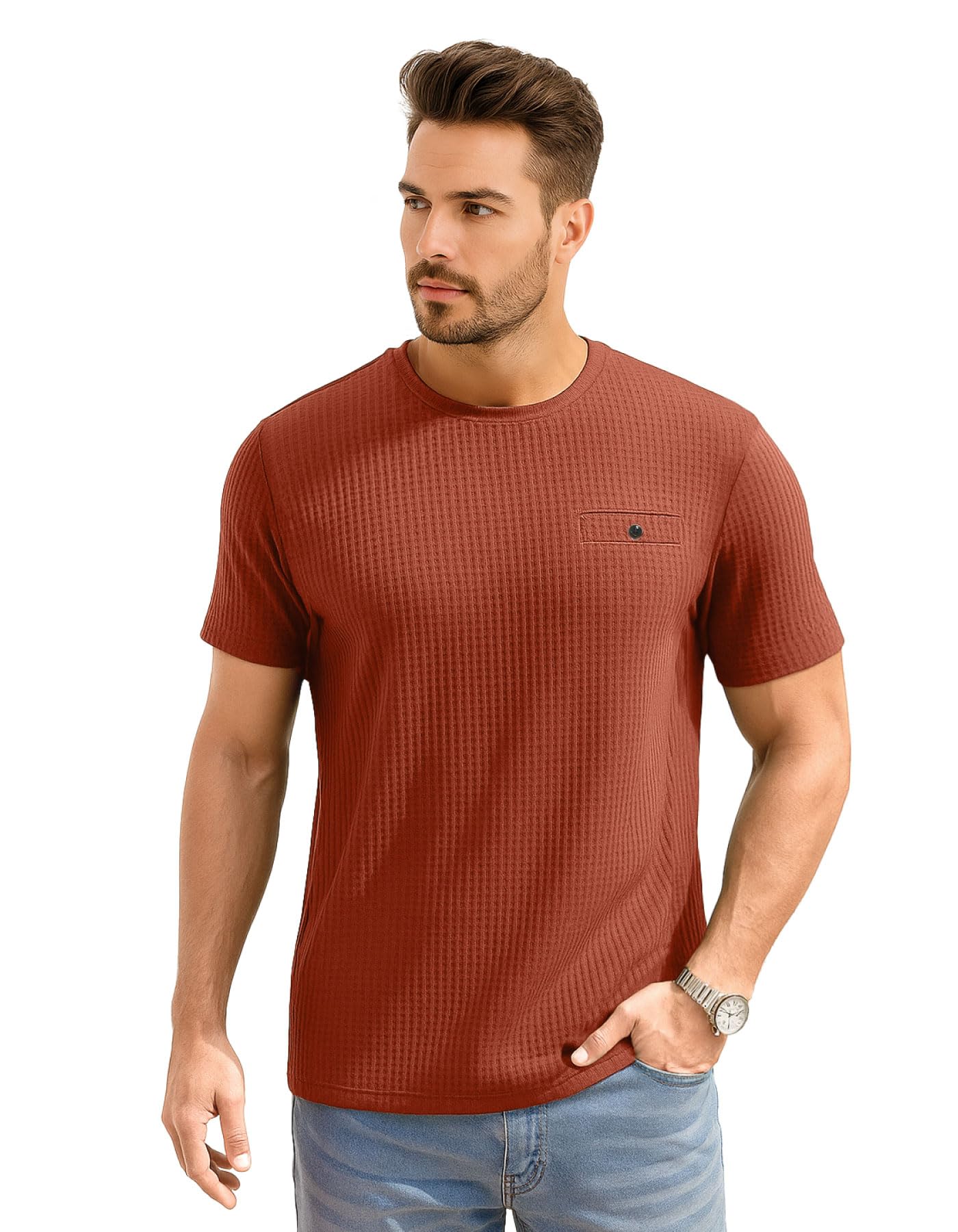 AWG ALL WEATHER GEAR Men Solid Waffle Crew Neck Tshirt | Waffle Knit T-Shirt | Men's T-Shirt | Tees for Man | Textured Half Sleeve T-Shirt's | Tshirt for Men Stylish-picture-27