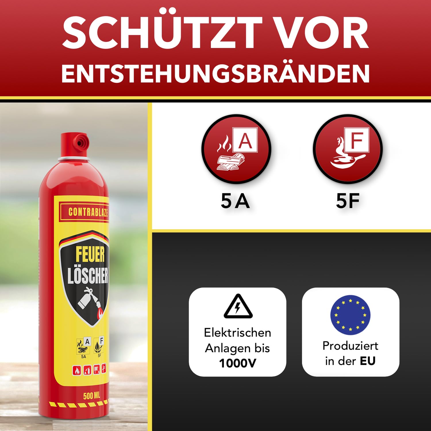 Spray extincteur domestique – 500 ml – Pour plus de sécurité dans votre vie quotidienne – Idéal pour la maison, la cuisine et la voiture – Efficacité testée contre les feux de graisse et les incendies