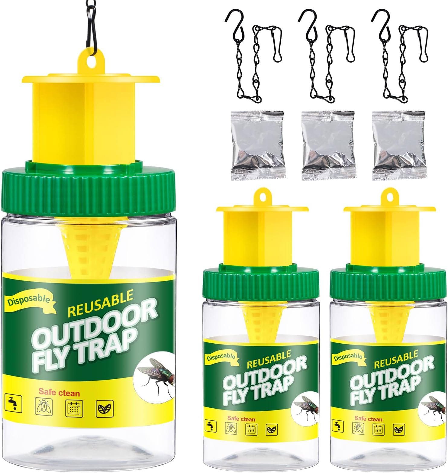 3 Pack Outdoor Hanging Fly Trap Bottles, Reusable Fly Killer Trap Catcher Jar with Natural Bait Refill and Tie Included,Fly Repellent for Outdoor Use Only - Controls Flies for Patios,Barns,Ranches