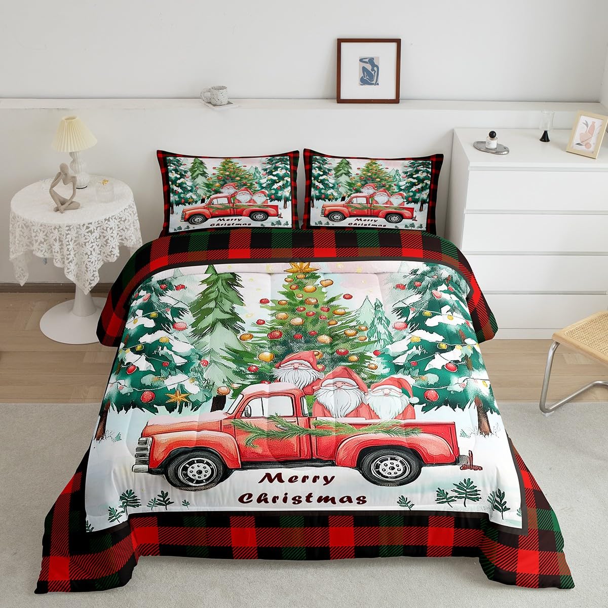 Xmas Theme Comforter Set King Size,Christmas Tree Retro Red Truck Duvet Insert for Kids Boys Girls Room Decor,Black Red Plaid Bedding Set 3Pcs,Cartoon Gnome Merry Christmas Quilt Set,2 Pillowcases