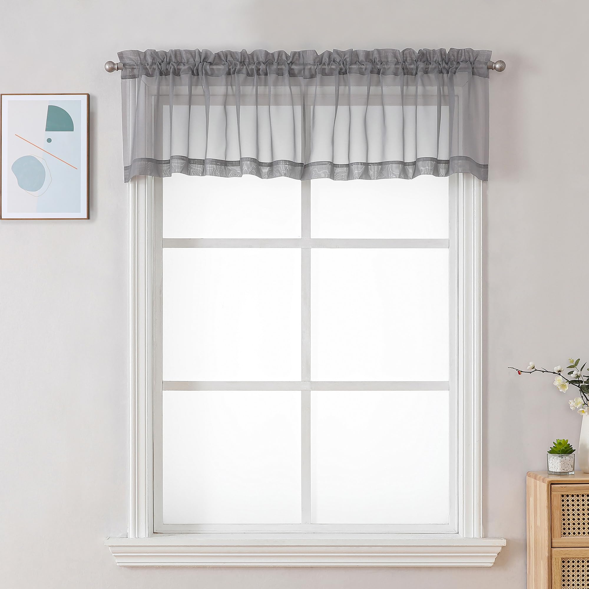 Chyhomenyc Charcoal Grey Sheer Valance for Windows, 42Wx12L, 2 Pack | Light Filtering Voile Soft Airy Topper Small Window Treatment Rod Pocket, Living Room Bedroom Laundry Basement