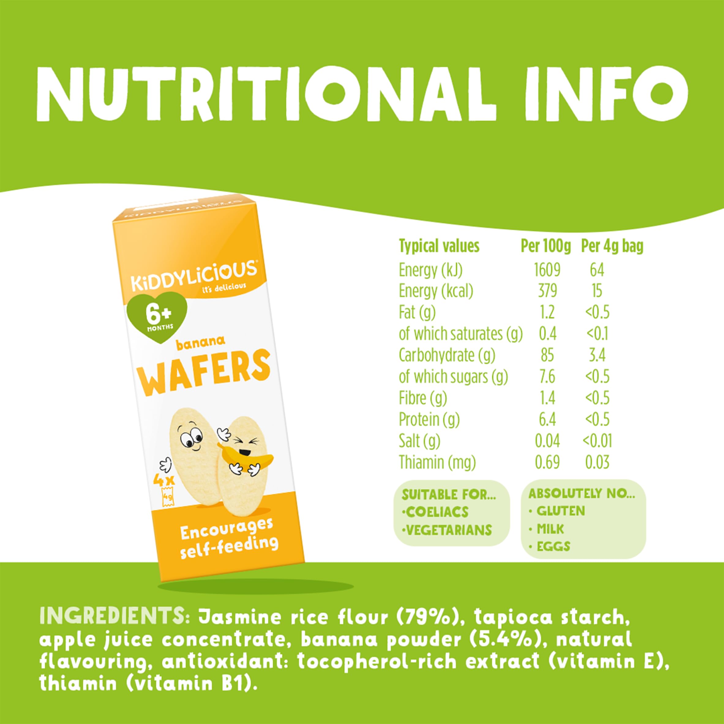 Kiddylicious Banana Mini Wafers - Gluten and Dairy Free Kids Snack - Suitable for 6+ Months - 6 x 4 Twin Packs — view 2