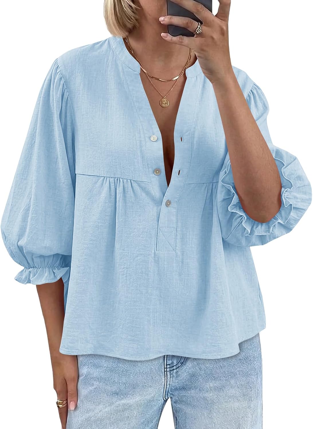 Tankaneo Womens Puff Sleeve Babydoll Tops V Neck Button Down Blouse Cute Casual Loose Fit Flowy Shirts