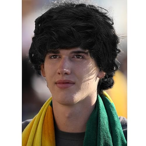 Miniatura 5 de Peluca negra corta para hombre, peluca de cabello ondulado y esponjoso para hombres y niños, cabello sintético natural para disfraz de Halloween