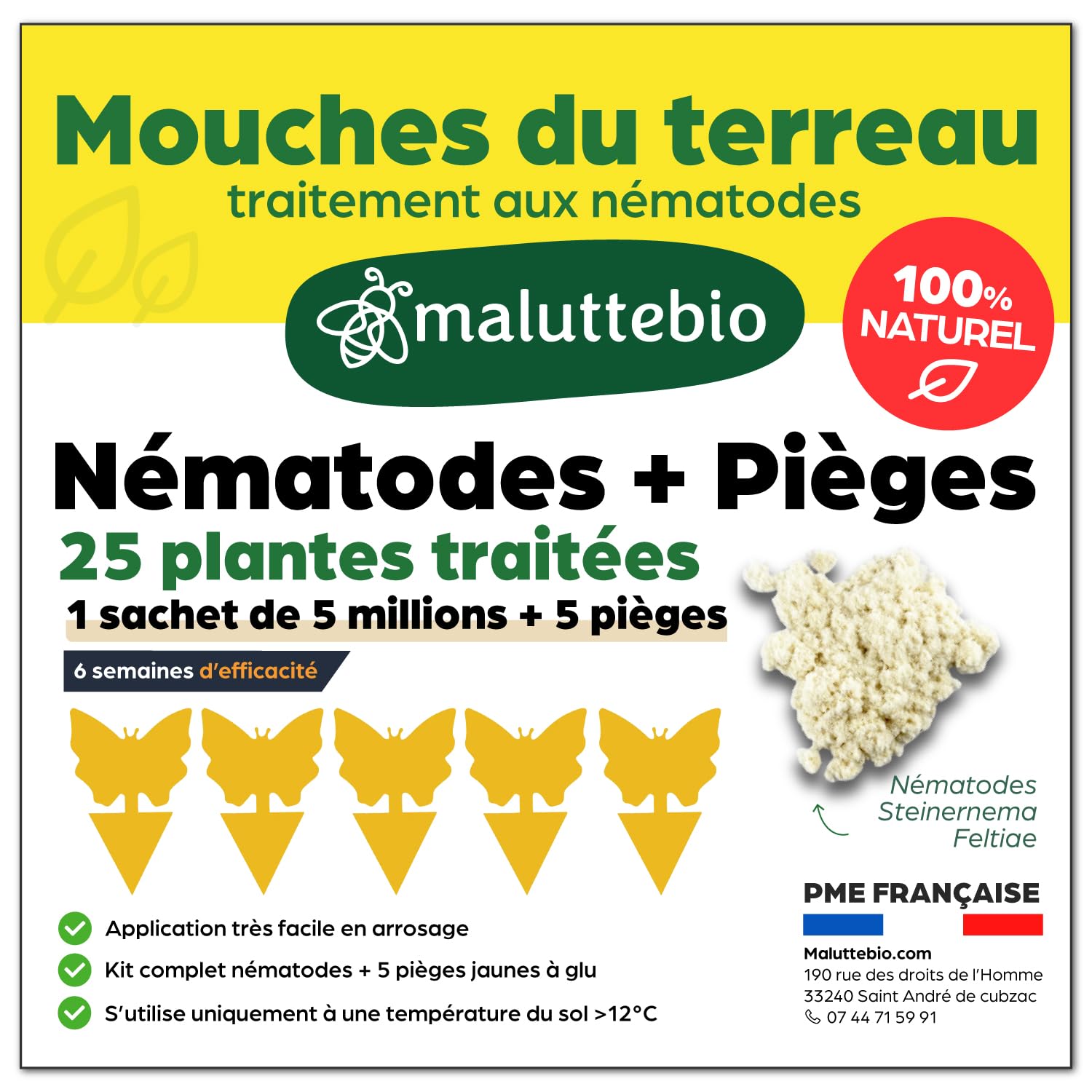 Kit Nématodes 5 Millions + 10 Pièges Collants XXL - Contre Les Mouches Du Terreau - Formulation Gel Longue Durée Pour Traiter 25 Pots