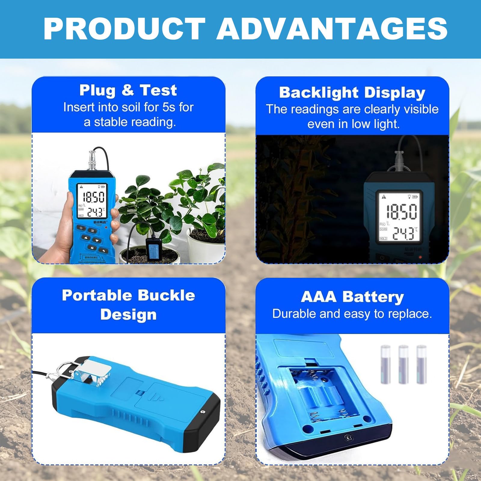 Kit de prueba de suelo 7 en 1, analizador digital de pH y CE, nitrógeno preciso, fósforo, detector de potasio para agricultura y jardinería