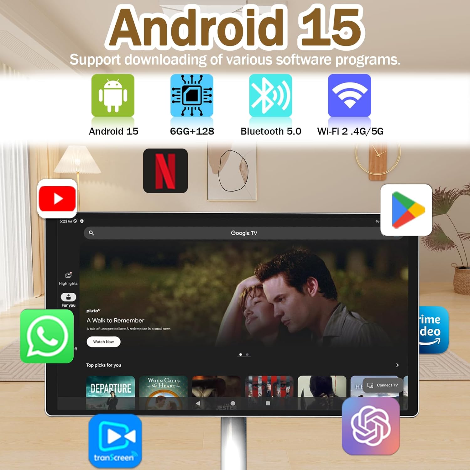 21.5" FHD Smart Portable TV, Rolling TV on Wheels, Android 15 OS, 6G +128GB Storage, Portable Touch Screen Monitor, 13MP Camera, Built-in Battery, 60Hz Refresh Rate, Full Swivel Rotation, Voice Remote