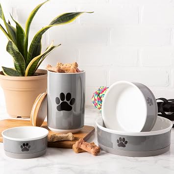 Bone Dry Ceramic Bone & Paw Pet Collection, Dishwasher Safe, Treat Jar, 4x6.5, Gray