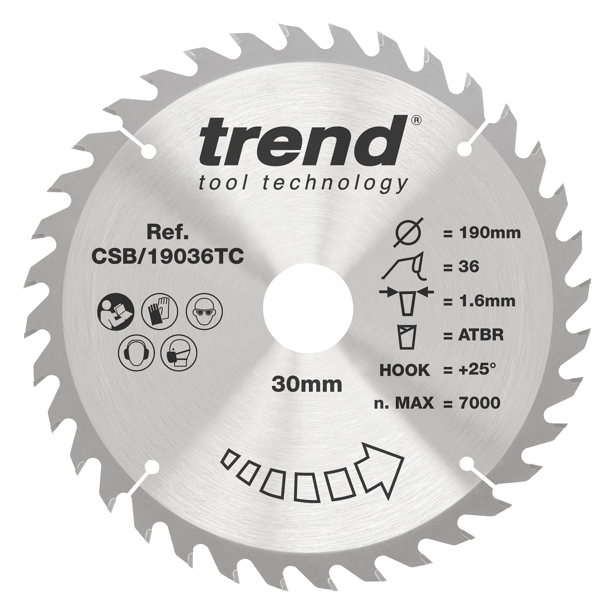 Trend 190Mm X 36 Teeth X 30Mm Bore Wood Cordless Atbr Circular Saw Blade, 190Mm Diameter, 30Mm Bore, 36 Teeth, 1.6Mm Kerf, +25° Hook, Tct, Fine Finish, Csb/19036Tc