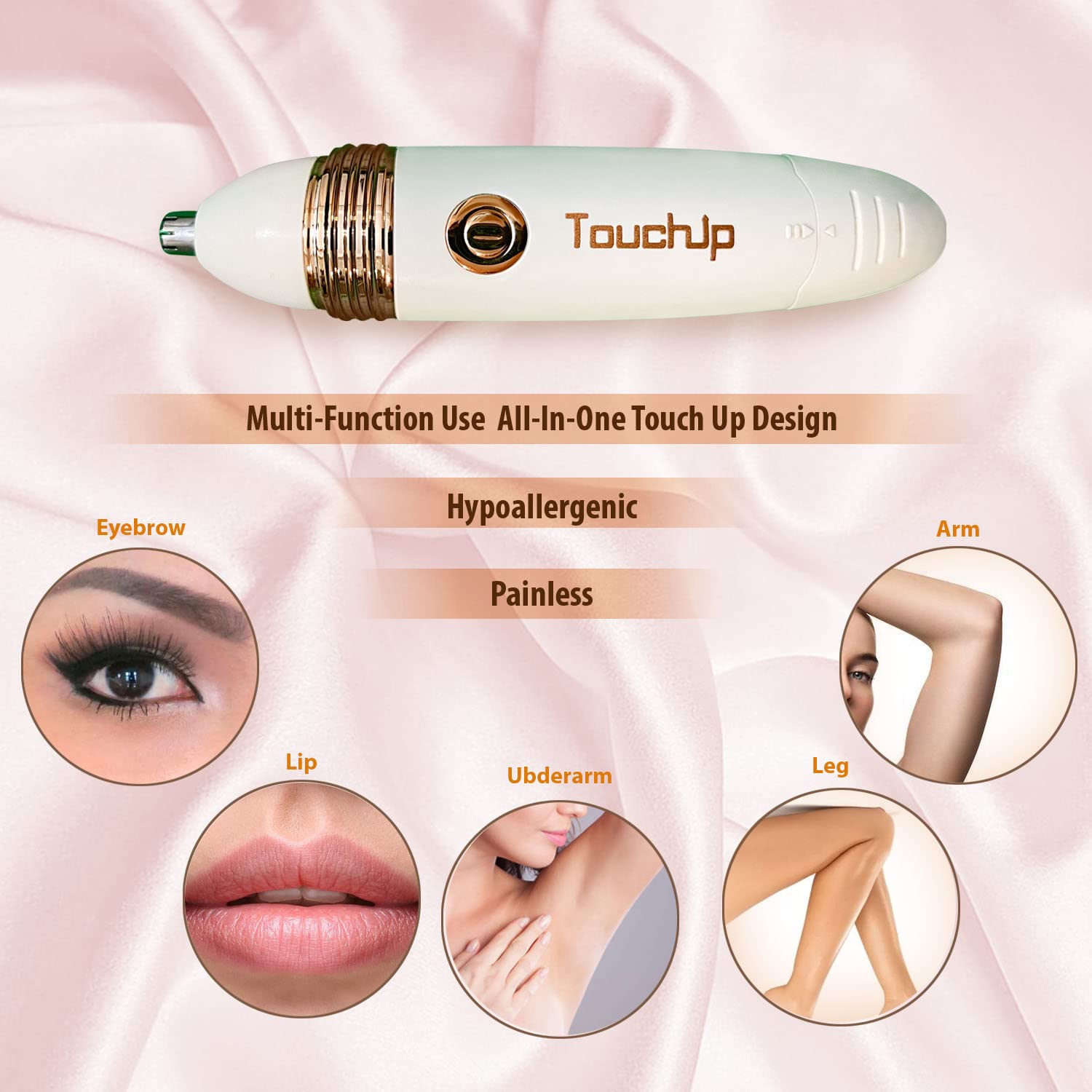 TouchUp Women's Painless Hair Remover Trimmer - Multi Purpose 3 in 1 - Face Eyebrows Nose Body - Rechargeable - Electric Razor