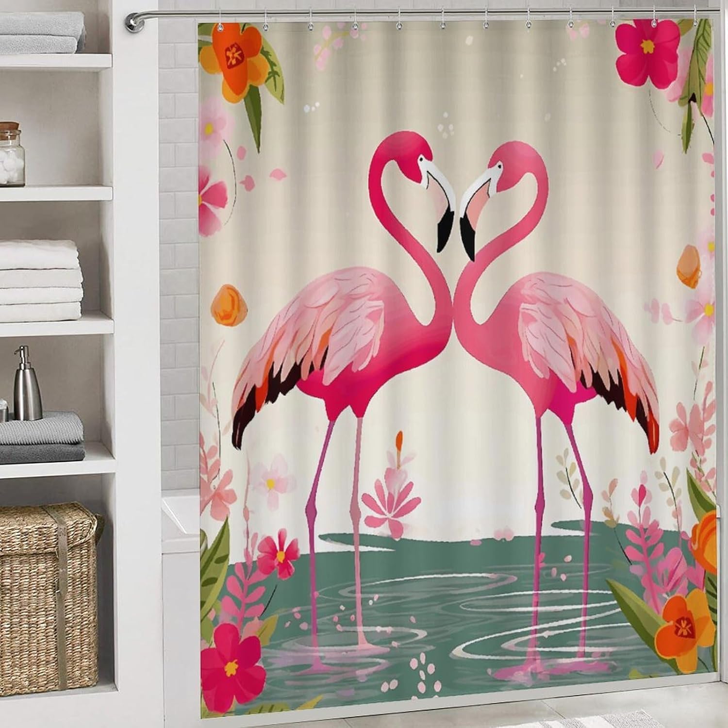 Flamingos and Flowers 4Pcs Shower Curtain Set with Non-Slip Rugs, Toilet Lid Cover and Bath Mat,Bathroom Set Decor Accessories,Curtain Set with 12 Hooks, 72 X 72 Inch
