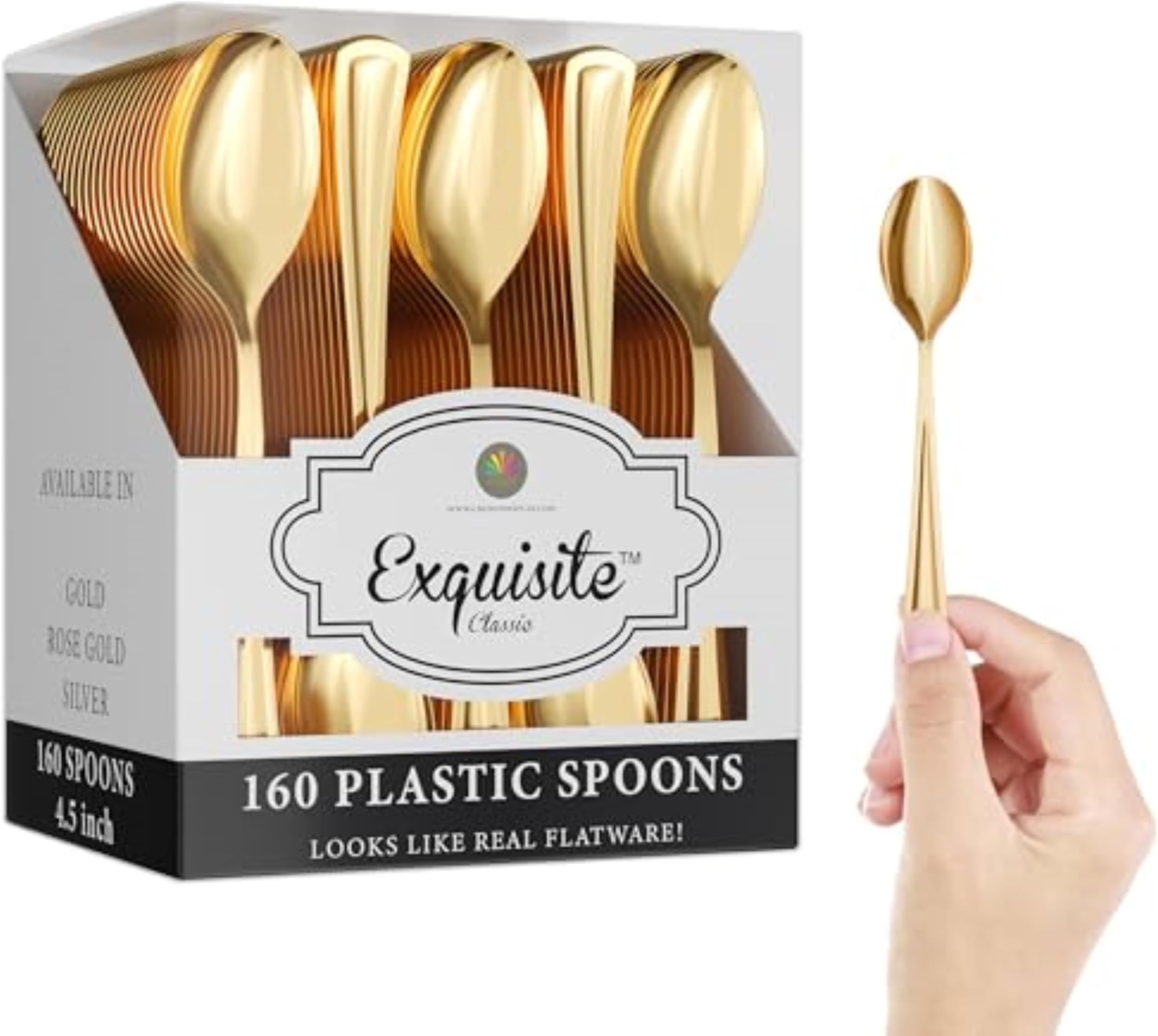 ExquisiteGold Plastic Tea Spoons Heavy Duty 160 Pcs Gold Plastic Silverware Heavy Duty Disposable Silverware Set | Disposable Tea Spoons Eating Utensils Sets Flatware Set For Parties & Events Exquisite