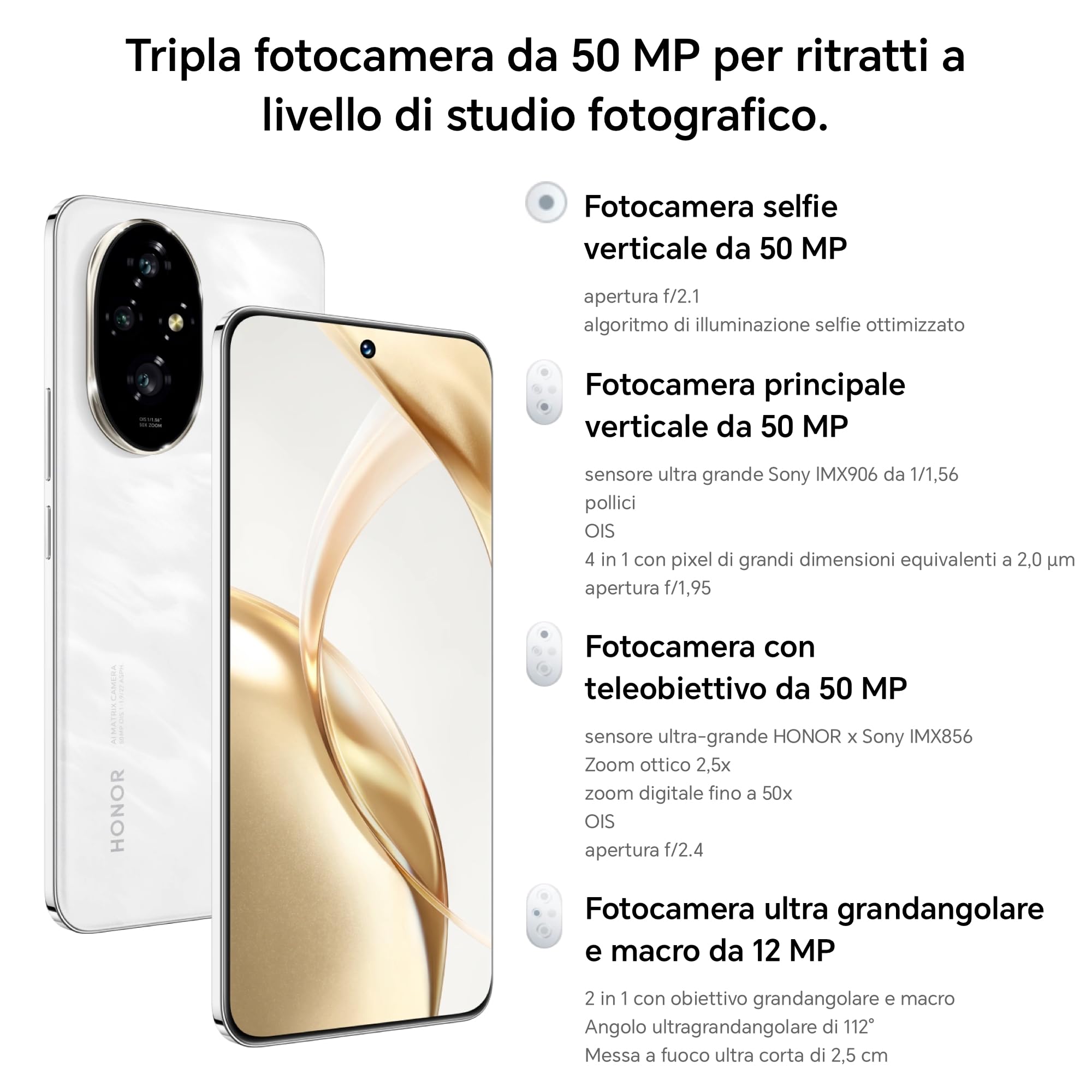 HONOR 200 Smartphone 5G NFC Dual SIM, 12GB RAM 512GB, AMOLED da 6.7 pollici telefono con tripla fotocamera principale da 50 MP, 5200 mAh, Android 14, Moonlight White [Versione italiana]