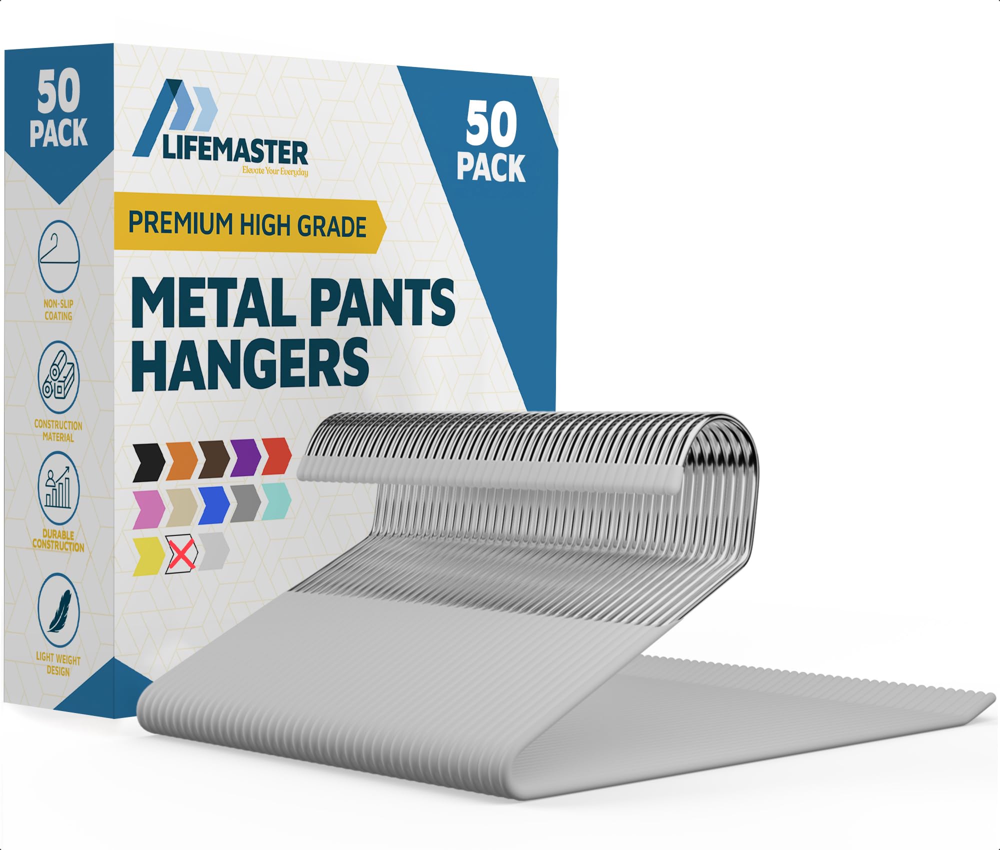 Lifemaster Metal Pants Hanger Set - 50 Pieces Elegant Non-Slip Closet Space Saving Hanger Set for Pants, Trouser, Blankets, and Jeans with Open Ended Sleek Design - White