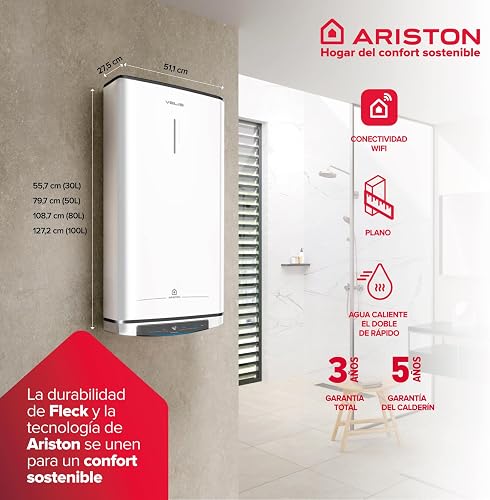 Ariston Chauffe-eau électrique Velis Pro WiFi, faible consommation d'énergie, plusieurs positions, 30 litres, plat, fonction Wi-Fi et ECO-EVO, 55,7 x 27,5 x 51,1 cm, installation en Espagne - 3
