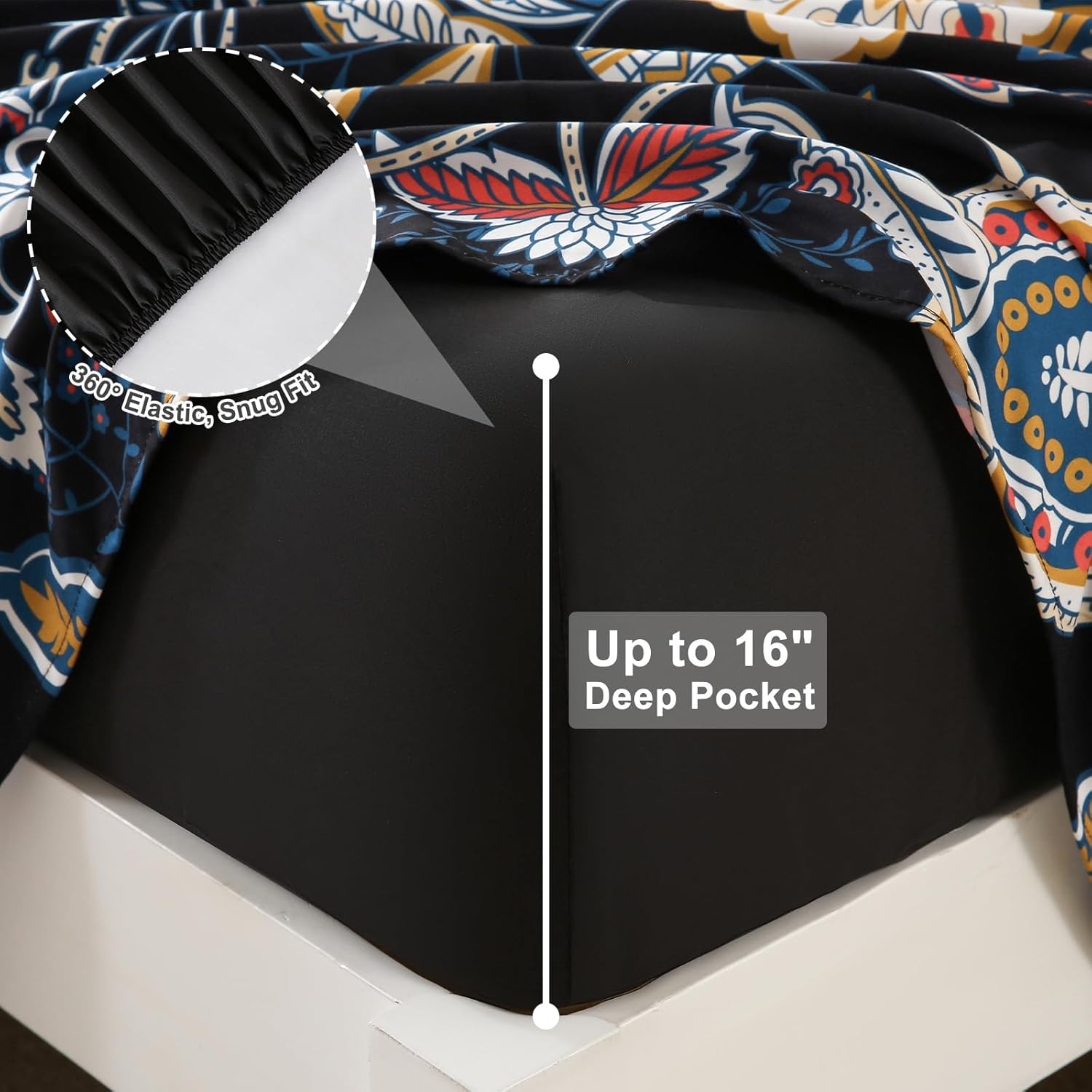 Botanical 6-Piece Queen Bed Sheets Set, Boho Floral Print Brushed Microfiber Sheets, Cooling Bed Sheet Set, Ultra Soft & Breathable, 16' Deep Pocket Fitted Sheet & Pillowcase Set, Black Floral - Image 3