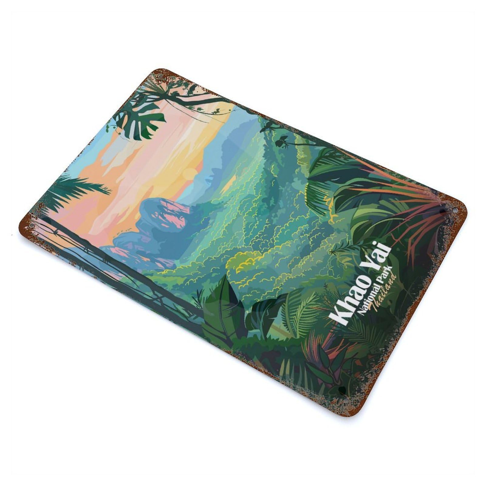 Garage Style Khao Yai National Park Thailand Illustration Rust Effect Tin Sign 11.8"x7.9", Farmhouse Wall Decor for Bar And Workshop