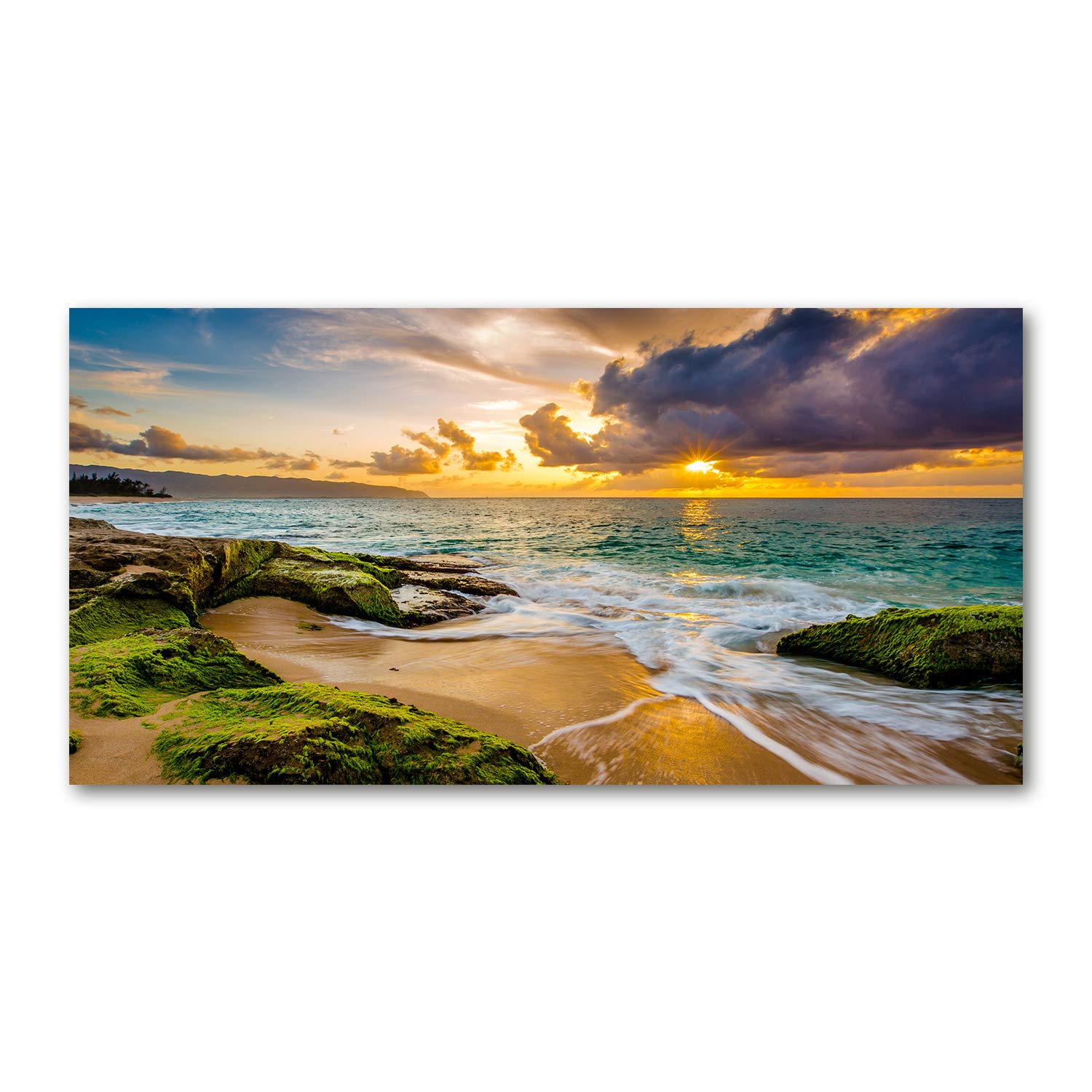 Tulup Multicoloured Glass Picture Wall Art - 100X50cm - Tempered Glass Decoration - Print For Living Room Bedroom - Toughened Glass Image - Glass Picture Wall Art - Sunset Sea