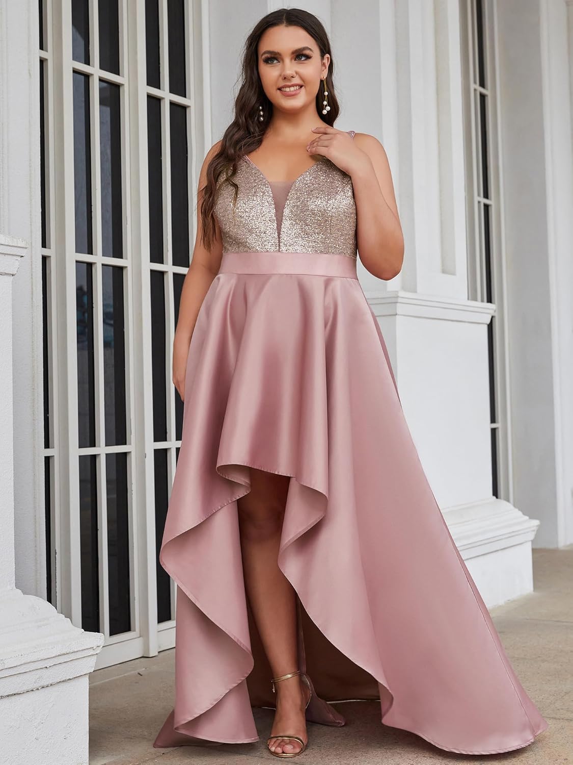 Ever-Pretty Plus Women's Elegant V Neck Sleeveless High Low A Line Sequin Satin Plus Size Cocktail Formal Dresses - Image 3