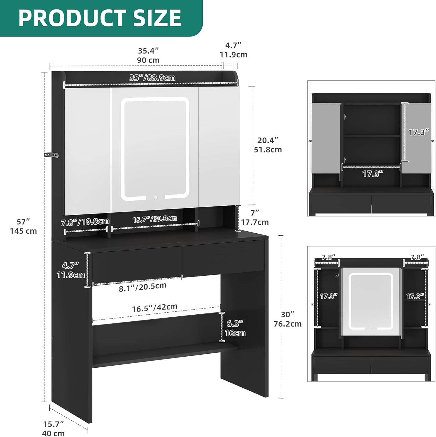 YITAHOME Dressing Table with Mirror & LED Lights, 3-Mirror Makeup Vanity Desk with Jewelry Storage Cubbies, 3 Lighting Modes Vanity Table with Bottom Shelf for Bedroom Dressing Room, Black